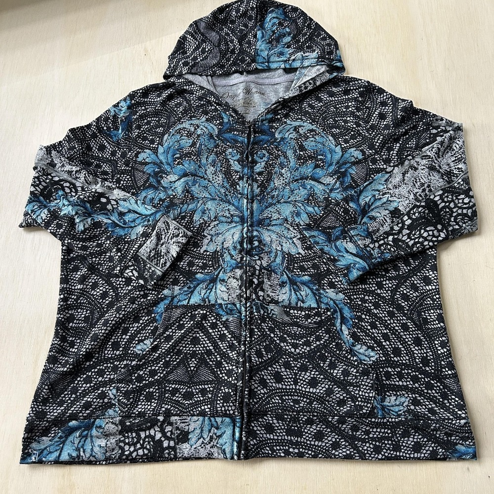 Y2K Boho Onque Woman Hoodie Womens 2X Black Blue Full Zip Knit Floral Studded